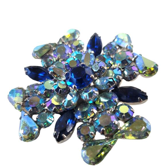 Aurora Borealis Rhinestone Brooch Pin Blue Hues Large  2.31” Sparkle AB Glam - Picture 7 of 9